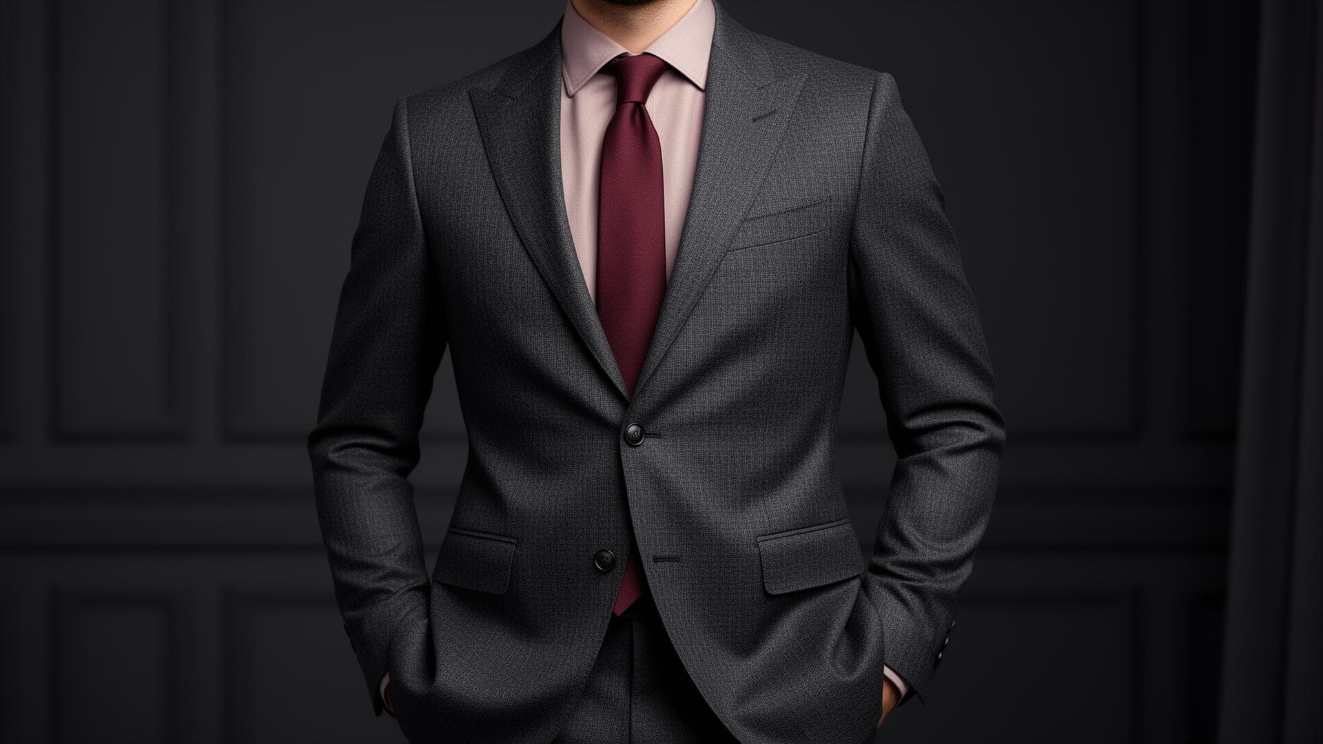 Traje gris con corbata burgundy — renta en Mens Puebla